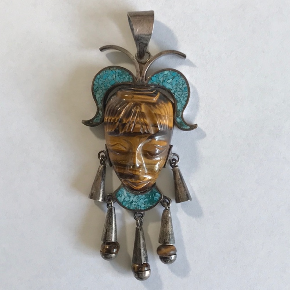 Sterling Silver, Crushed Turquoise and Tiger Eye Pendant